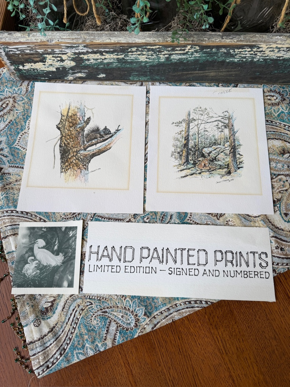 Owen T Baker 1990 Hand Painted Wildlife Prints Pair Vintage Display Samples